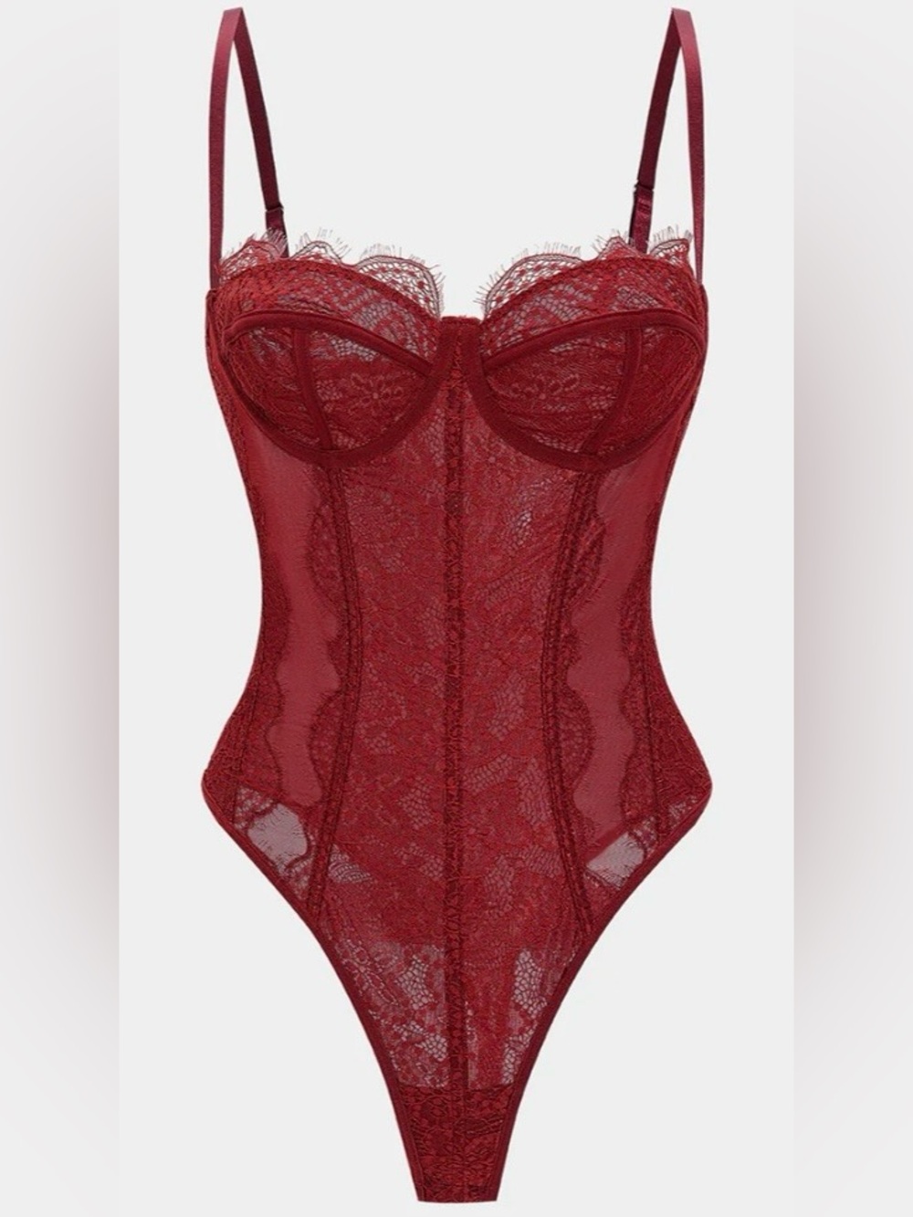 Sheer Lace Underwire Bodysuit - Wine Red